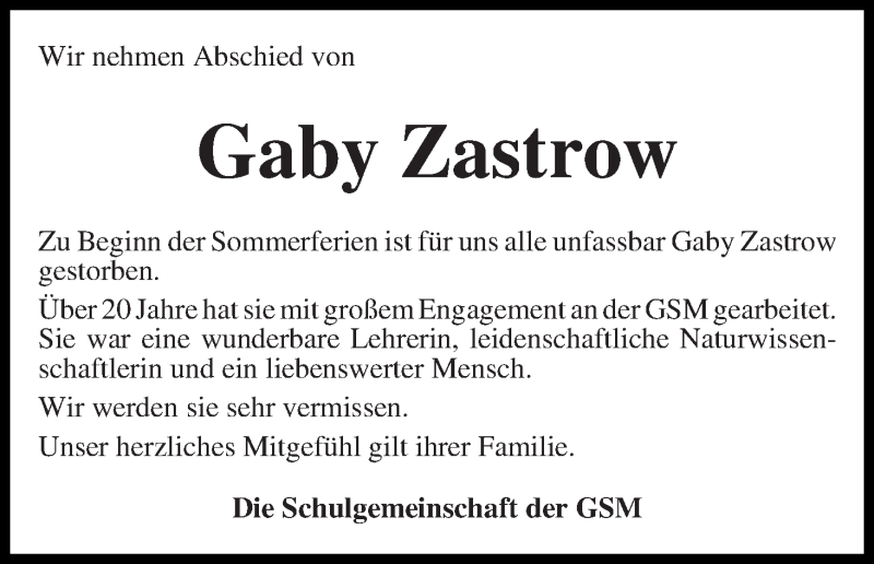  Traueranzeige für Gaby Zastrow vom 02.09.2015 aus WESER-KURIER