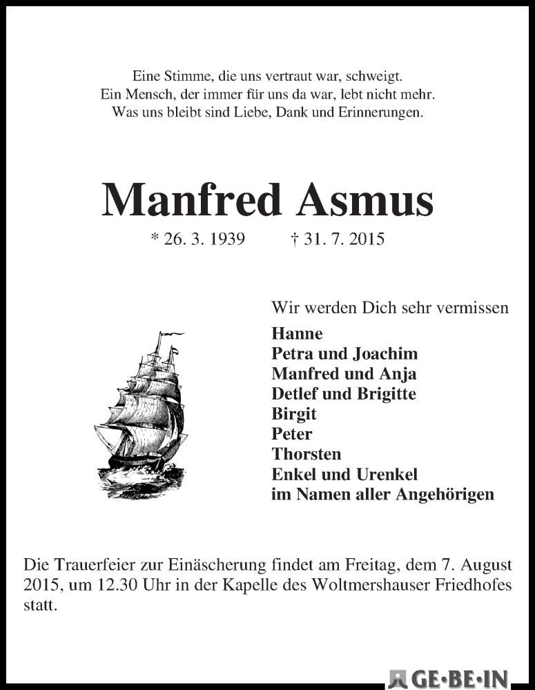 Traueranzeige von Manfred Asmus von WESER-KURIER