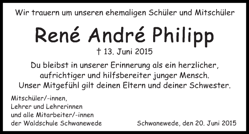  Traueranzeige für René André Philipp vom 20.06.2015 aus Die Norddeutsche