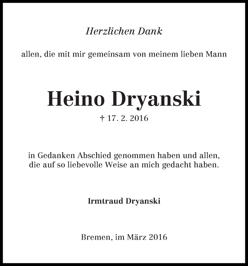 Traueranzeige von Heino Dryanski von Die Norddeutsche