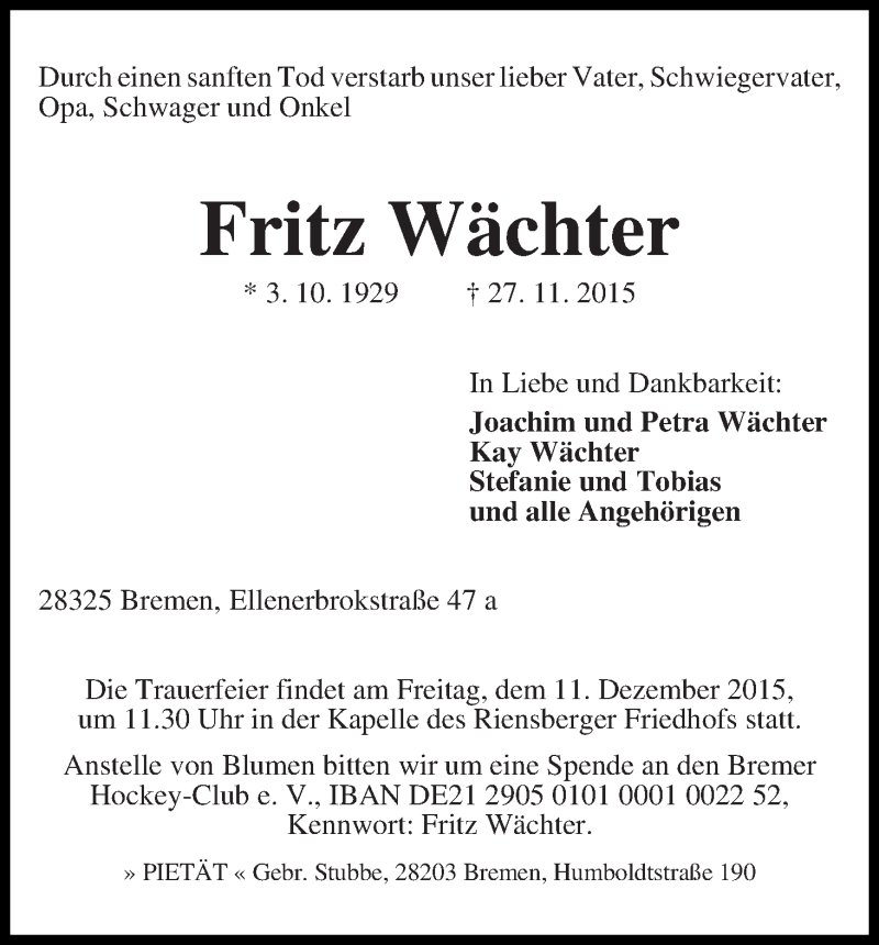 Traueranzeige von Fritz Wächter von WESER-KURIER