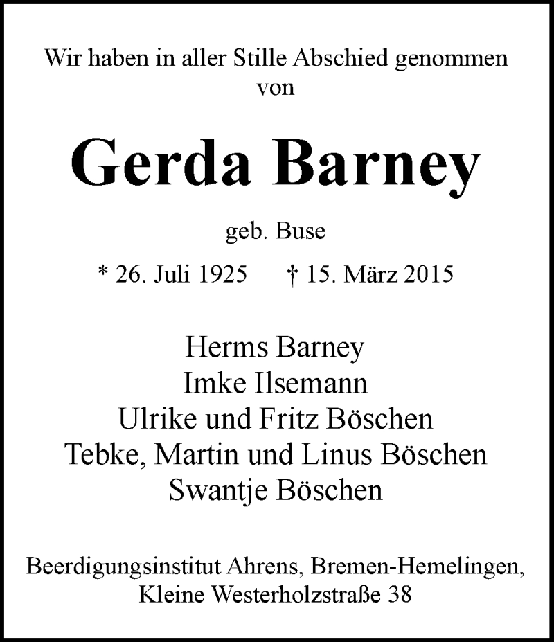 Traueranzeige von Gerda Barney von WESER-KURIER