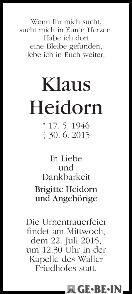 Traueranzeige von Klaus Heidorn von WESER-KURIER