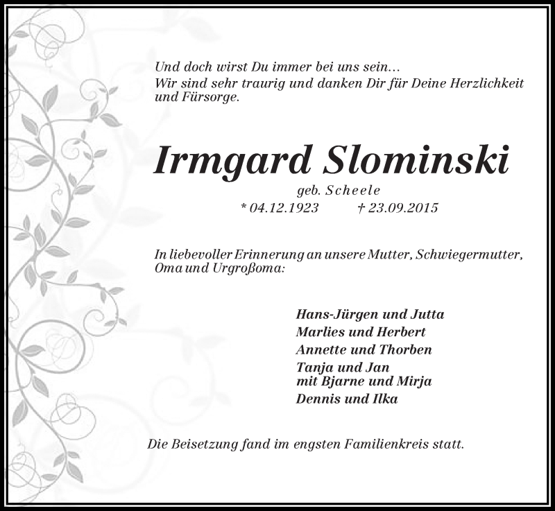  Traueranzeige für Irmgard Slominski vom 30.09.2015 aus Die Norddeutsche