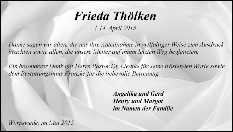 Traueranzeige von Frieda Thölken von Wuemme Zeitung
