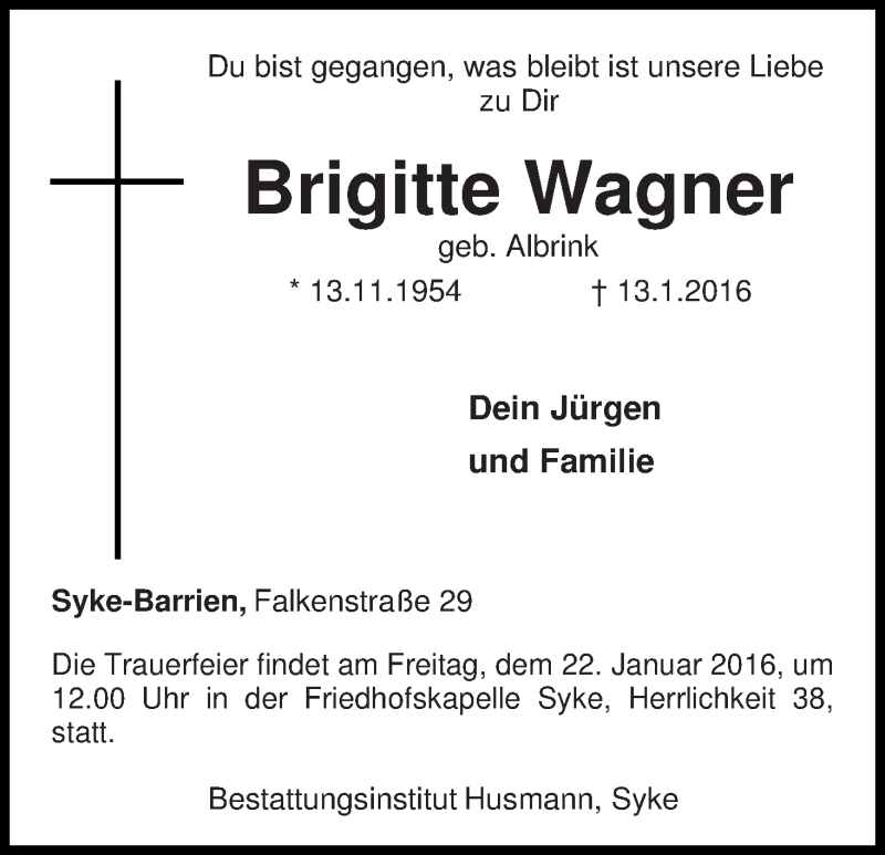 Traueranzeige von Brigitte Wagner von WESER-KURIER