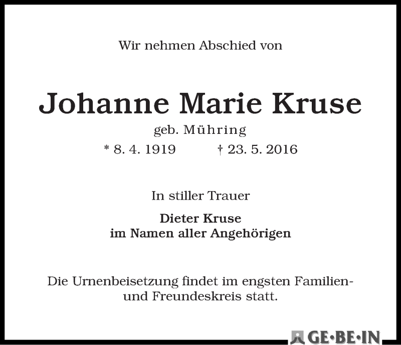 Traueranzeige von Johanne Marie Kruse von WESER-KURIER