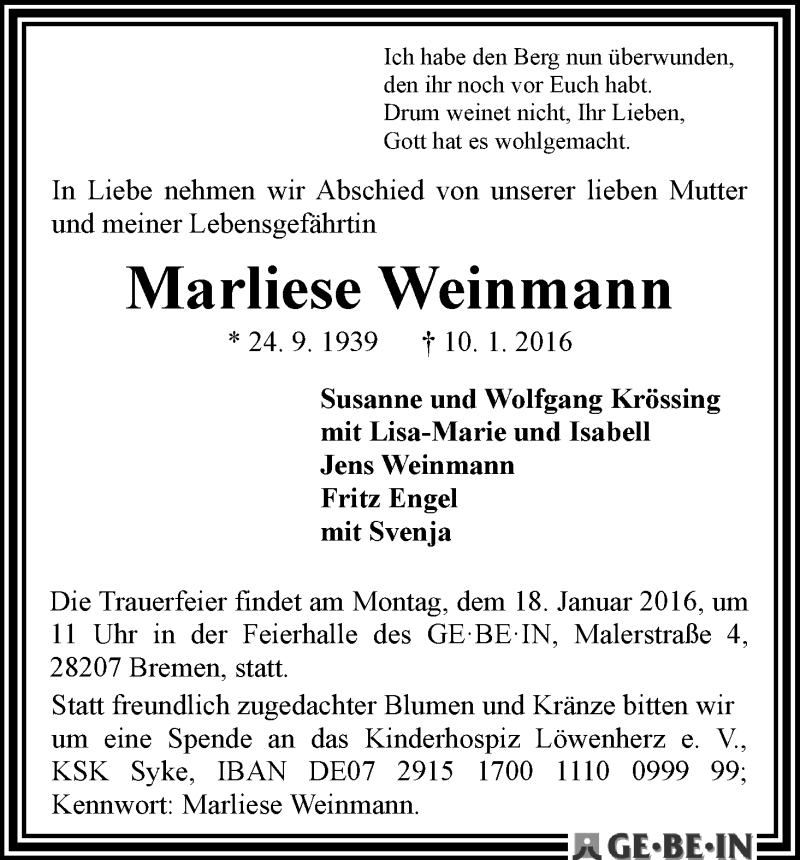 Traueranzeige von Marliese Weinmann von WESER-KURIER