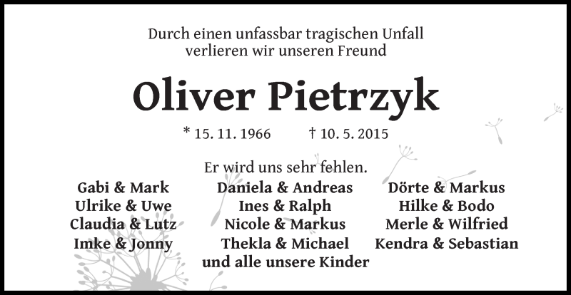  Traueranzeige für Oliver (Olli) Pietrzyk vom 23.05.2015 aus Die Norddeutsche
