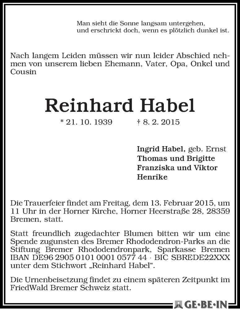 Traueranzeige von Reinhard Habel von WESER-KURIER