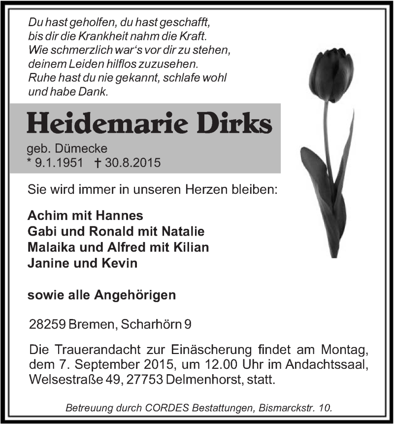 Traueranzeige für Heidemarie Dirks vom 05.09.2015 aus WESER-KURIER