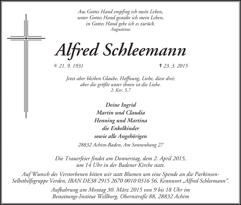 Traueranzeige von Alfred Schleemann von Osterholzer Kreisblatt