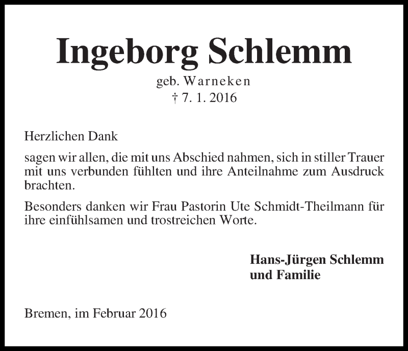 Traueranzeige von Ingeborg Schlemm von WESER-KURIER