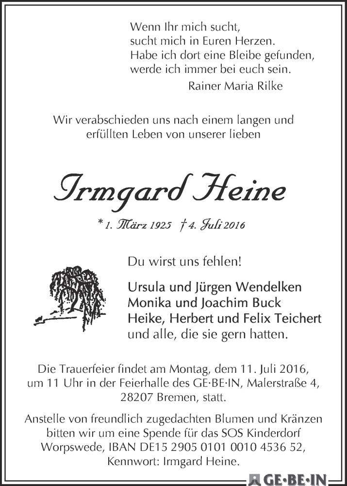 Traueranzeige von Irmgard Heine von WESER-KURIER