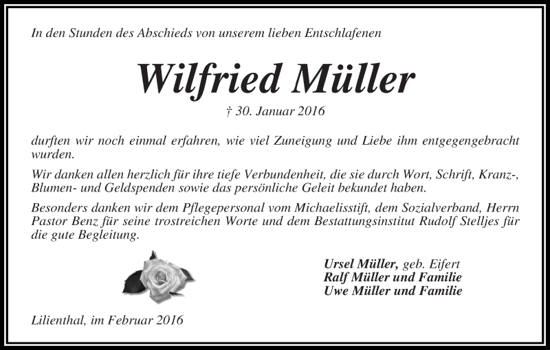  Traueranzeige für Wilfried Müller vom 27.02.2016 aus Wuemme Zeitung