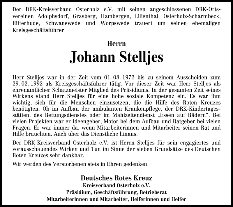 Traueranzeige von Johann Stelljes von Osterholzer Kreisblatt