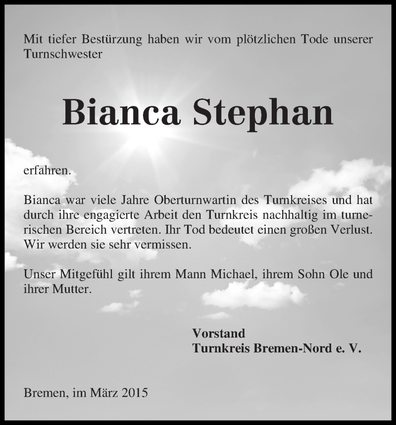 Traueranzeige von Bianca Stephan von Die Norddeutsche