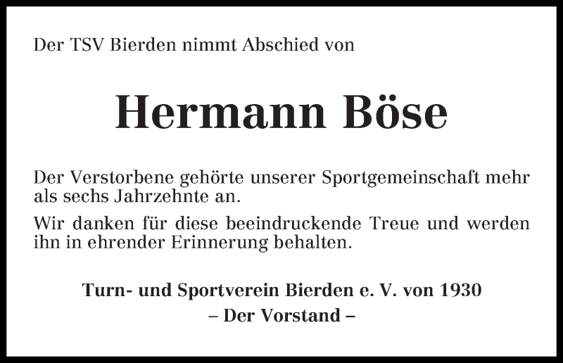 Traueranzeige von Hermann Böse von Achimer Kurier/Verdener Nachrichten