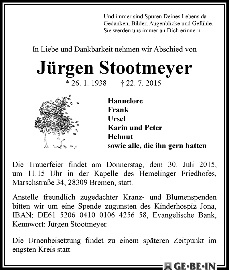 Traueranzeige von Jürgen Stootmeyer von WESER-KURIER
