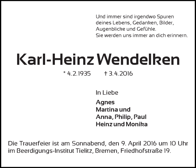 Traueranzeige von Karl-Heinz Wendelken von WESER-KURIER