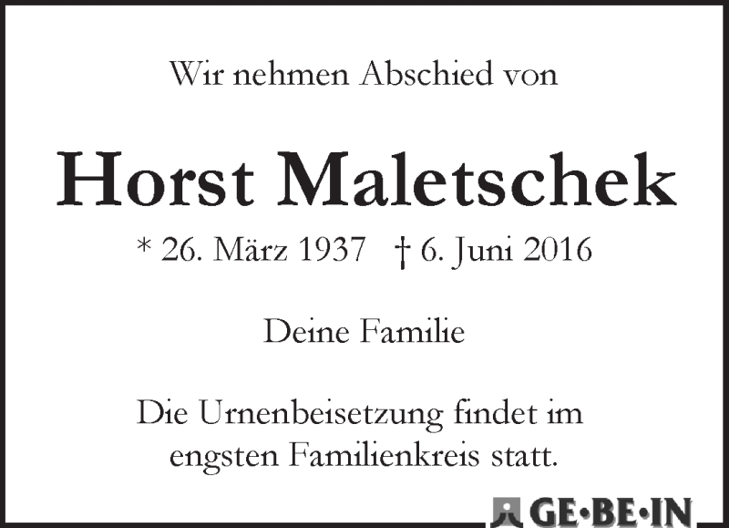 Traueranzeige von Horst Maletschek von WESER-KURIER