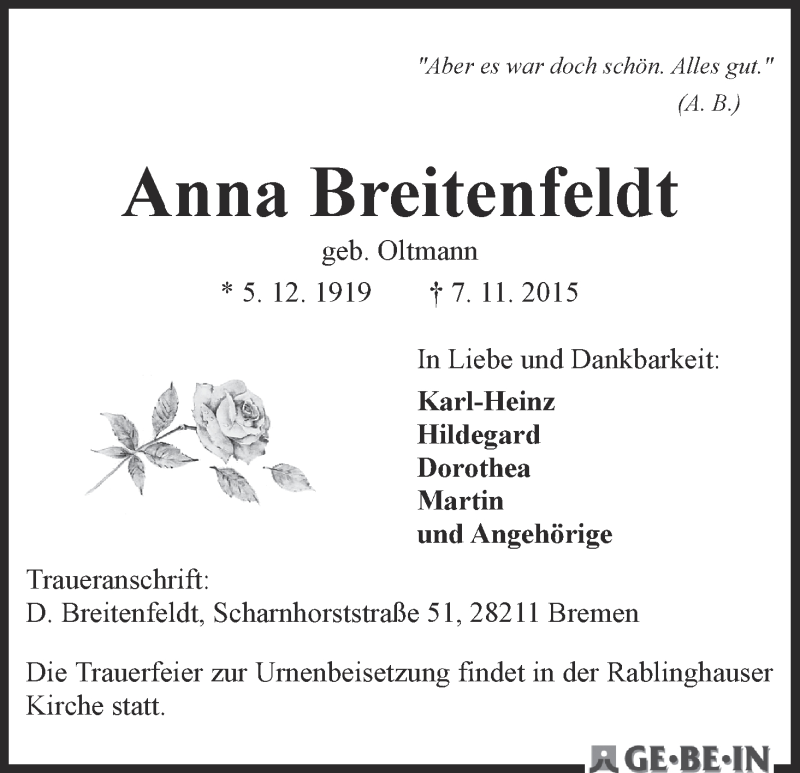 Traueranzeige von Anna Breitenfeldt von WESER-KURIER