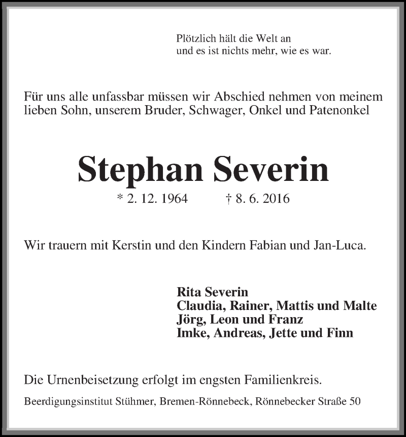  Traueranzeige für Stephan Severin vom 15.06.2016 aus Die Norddeutsche