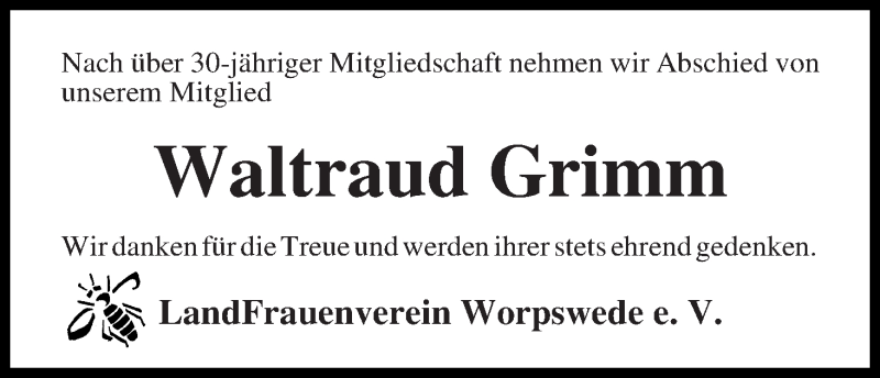 Traueranzeige von Waltraud Grimm von Wuemme Zeitung