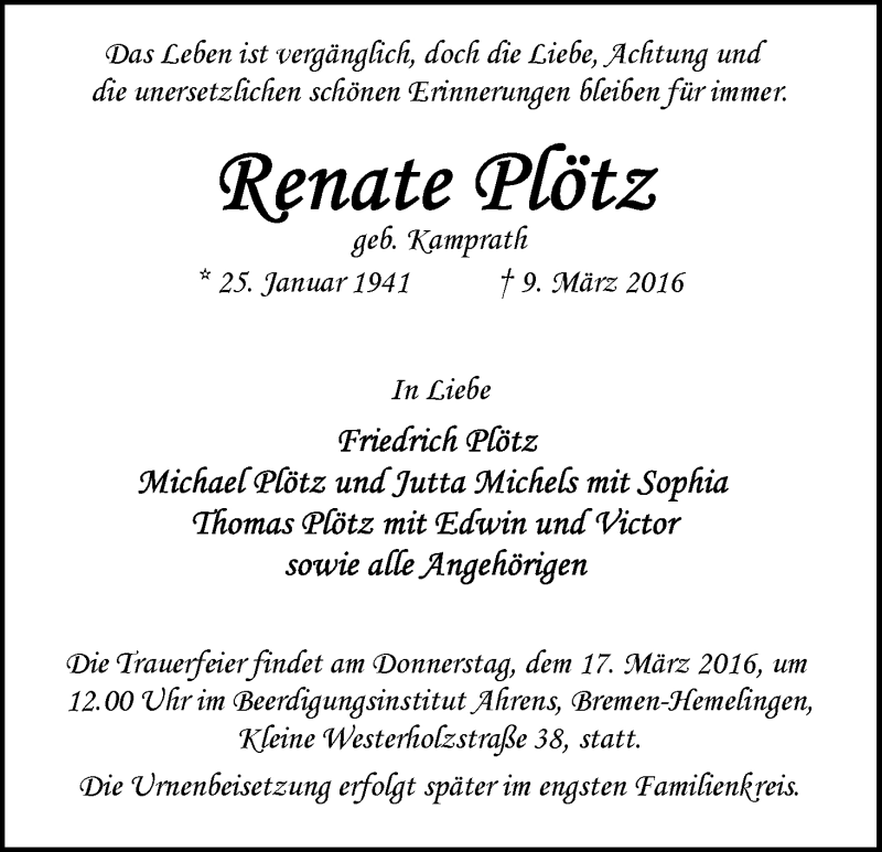 Traueranzeige von Renate Plötz von WESER-KURIER
