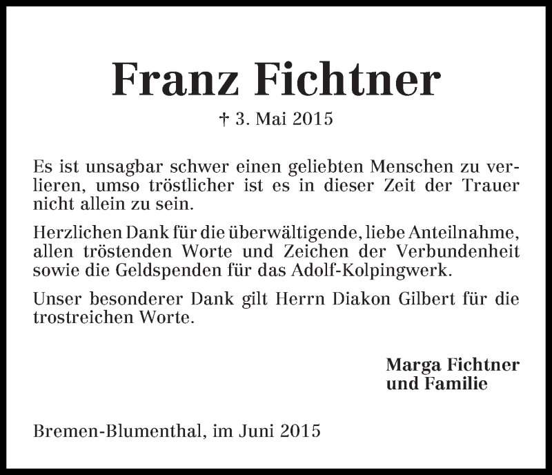 Traueranzeige von Franz Fichtner von Die Norddeutsche