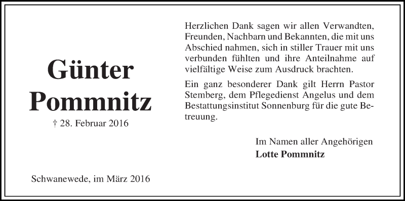 Traueranzeige von Günter Pommnitz von Die Norddeutsche