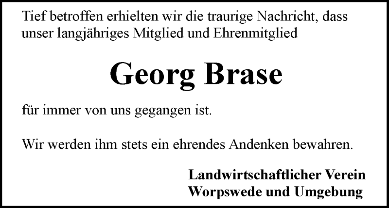 Traueranzeige von Georg Brase von Wuemme Zeitung