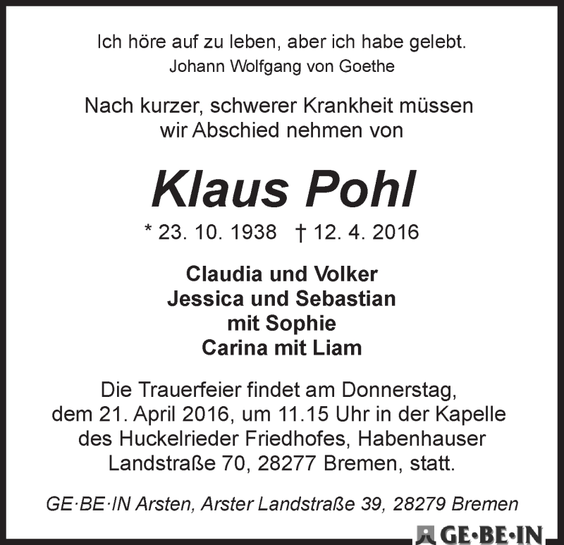 Traueranzeige von Klaus Pohl von WESER-KURIER