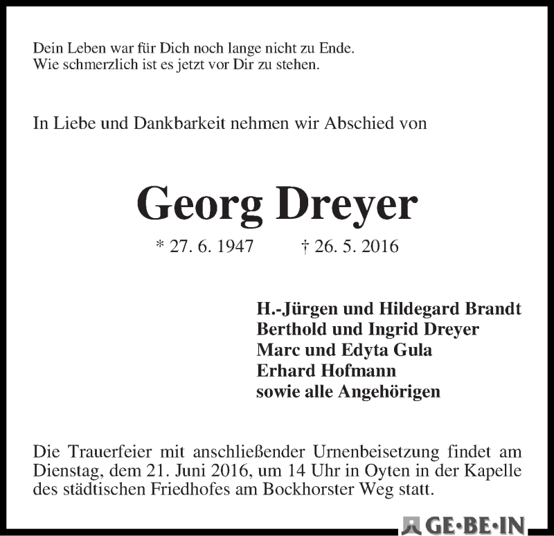  Traueranzeige für Georg Dreyer vom 15.06.2016 aus WESER-KURIER