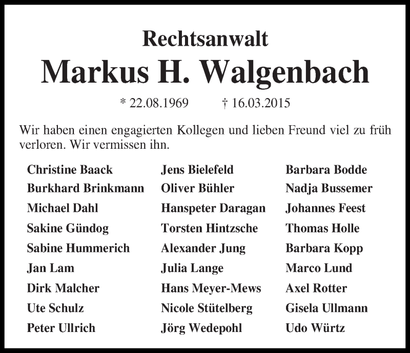  Traueranzeige für Markus H Walgenbach vom 21.03.2015 aus WESER-KURIER