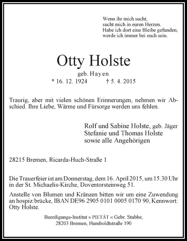Traueranzeige von Otty Holste von WESER-KURIER