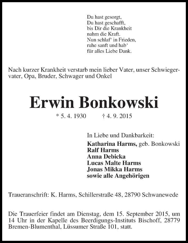 Traueranzeige von Erwin Bonkowski von Die Norddeutsche