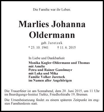 Traueranzeige von Marlies Johanna Oldermann