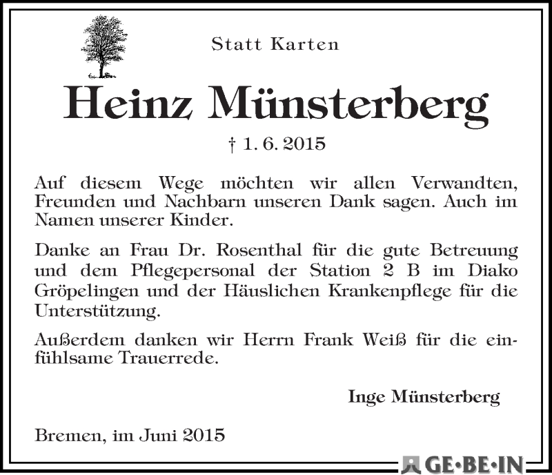 Traueranzeige von Heinz Münsterberg von WESER-KURIER