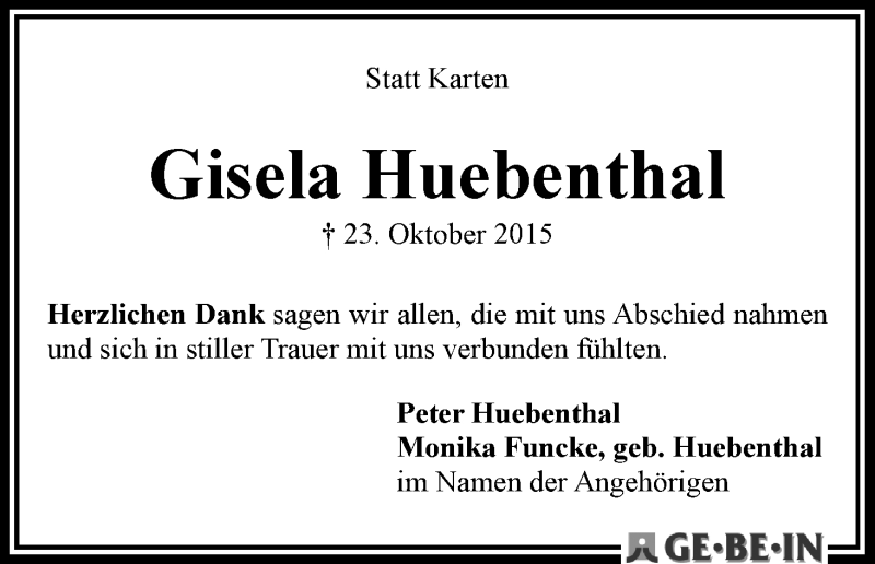 Traueranzeige von Gisela Huebenthal von WESER-KURIER