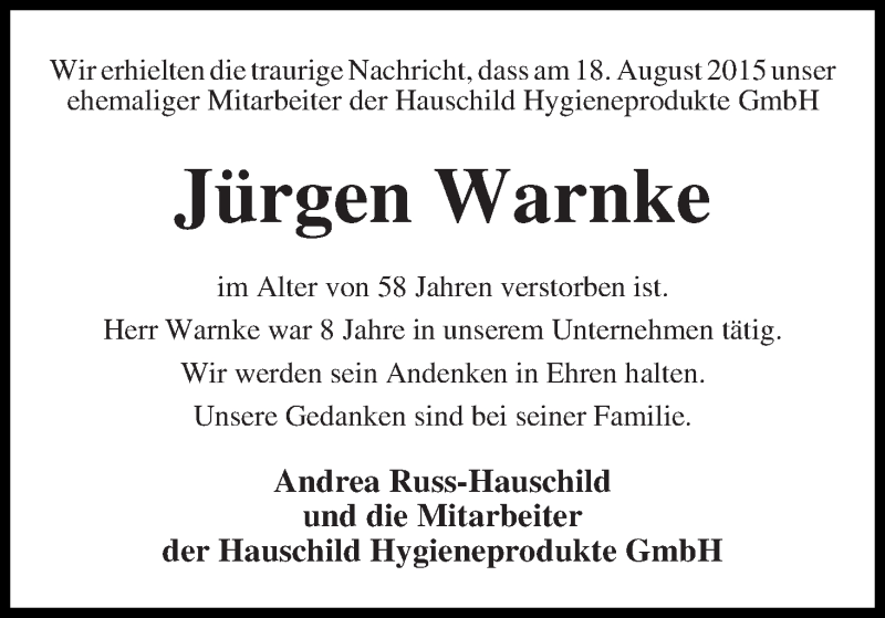  Traueranzeige für Jürgen Warnke vom 28.08.2015 aus Wuemme Zeitung