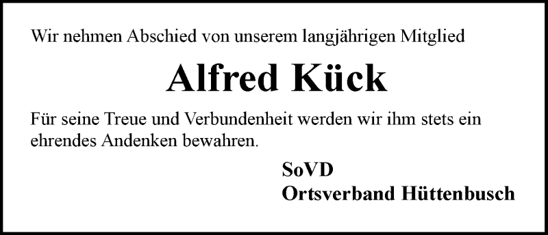 Traueranzeige von Alfred Kück von Wuemme Zeitung