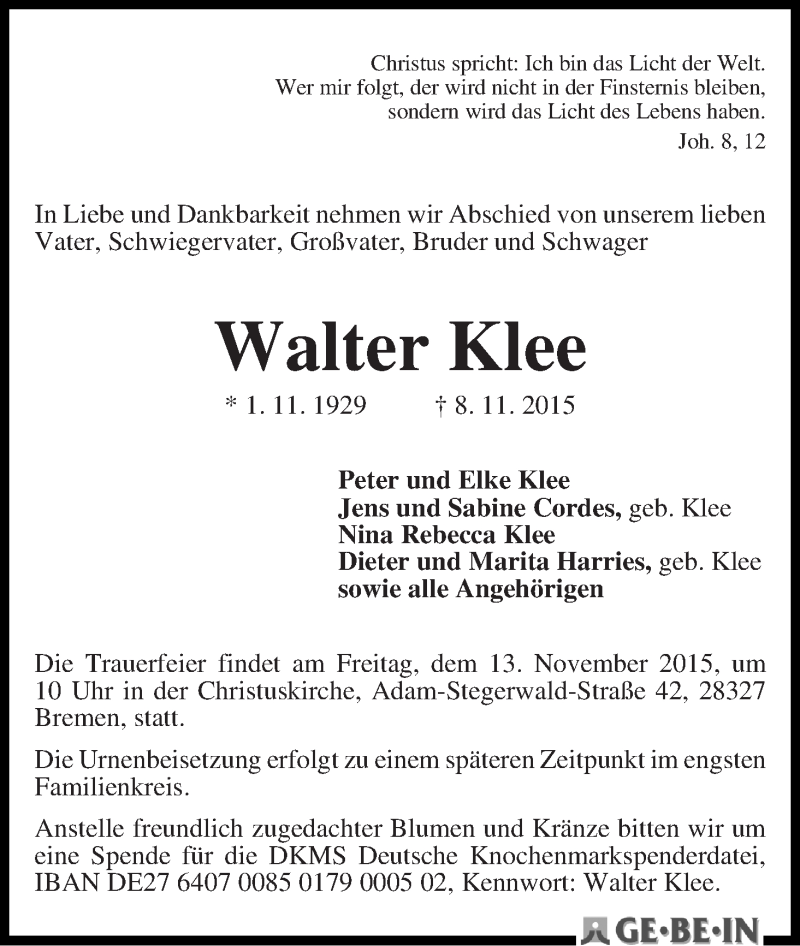 Traueranzeige von Walter Klee von WESER-KURIER