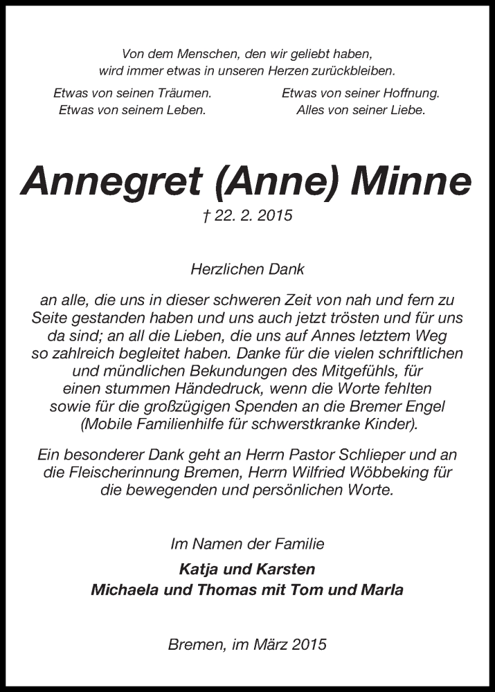 Traueranzeige von Annegret Anne Minne von WESER-KURIER