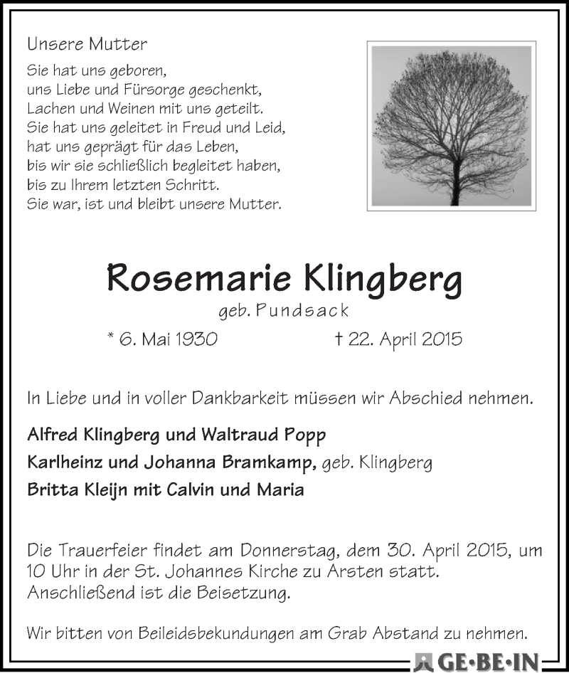 Traueranzeige von Rosemarie Klingberg von WESER-KURIER