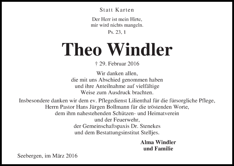 Traueranzeige von Theo Windler von Wuemme Zeitung