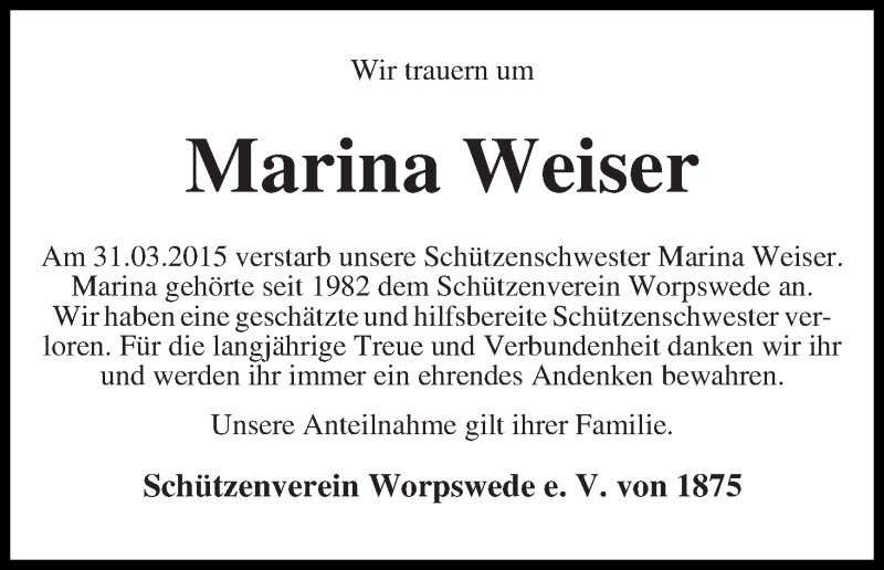 Traueranzeige von Marina Weiser von Wuemme Zeitung