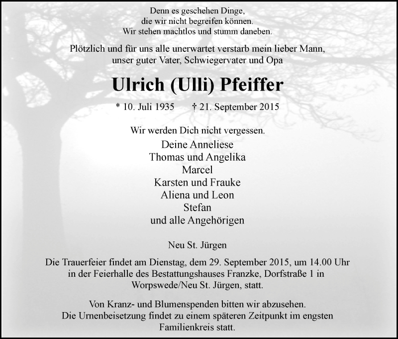 Traueranzeige von Ulrich (Ulli) Pfeiffer von Wuemme Zeitung