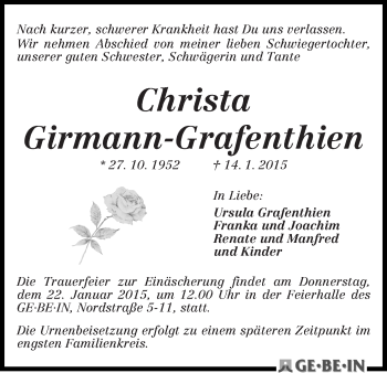 Traueranzeige von Christa Girmann-Grafenthien