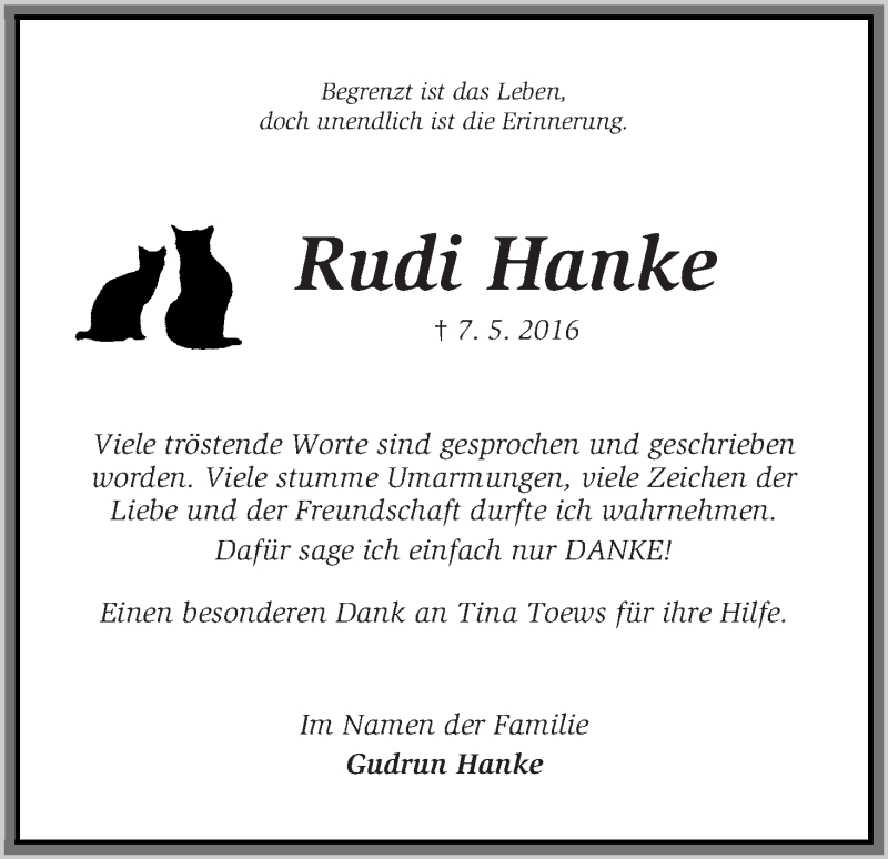 Traueranzeige von Rudi Hanke von WESER-KURIER